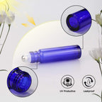 Set of 12 blue roller bottles for essential oils. UV protective and leakproof design. Order online for fast delivery!