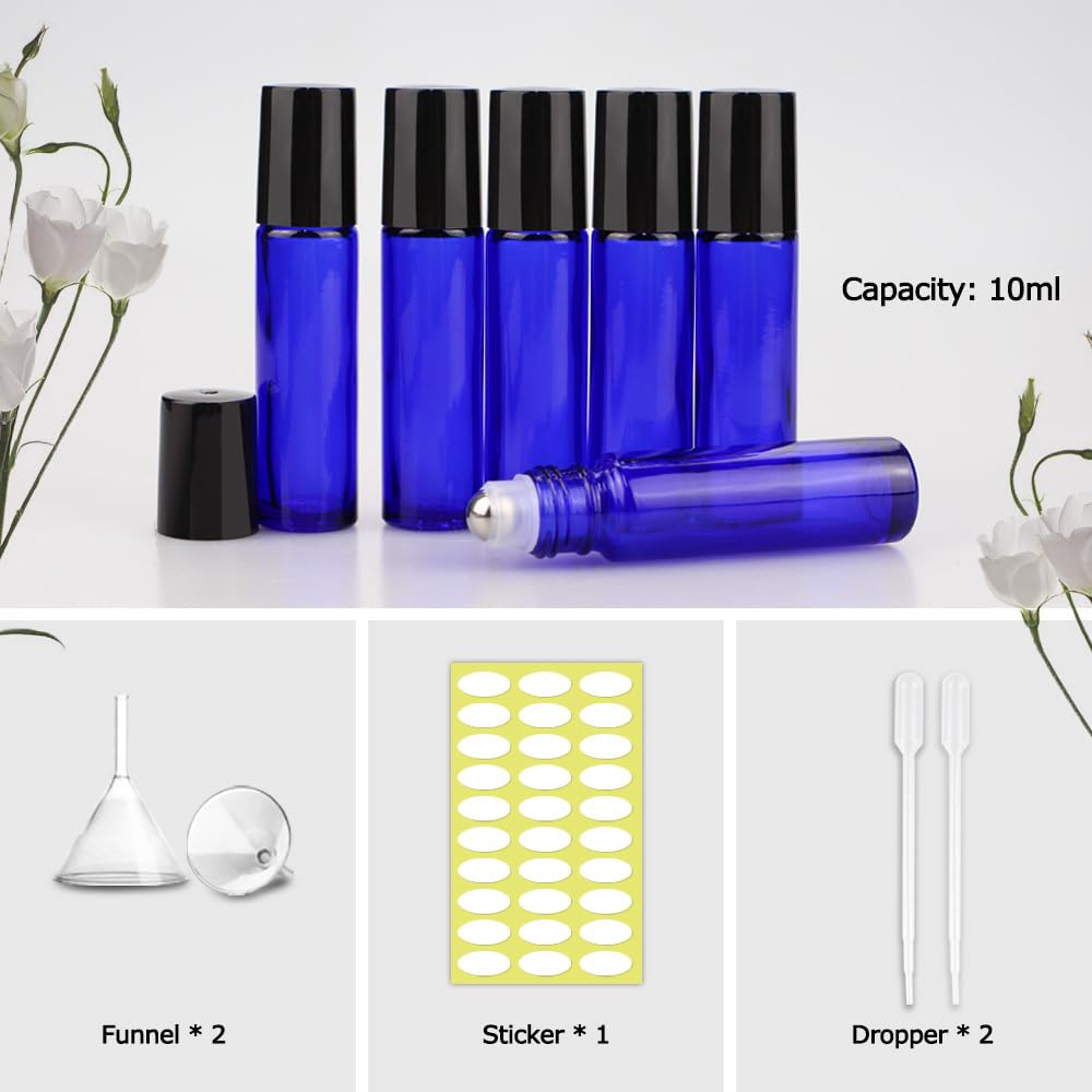 Authentic 10ml roller bottles for essential oils, includes funnels, stickers, and droppers for easy use.