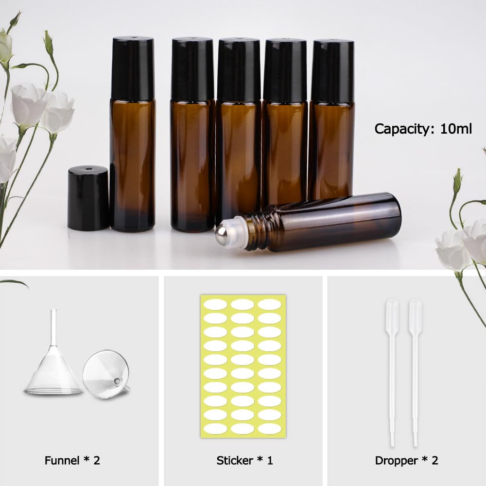 Premium imported roller bottles for essential oils. Comes with funnels, stickers, and droppers for easy use.