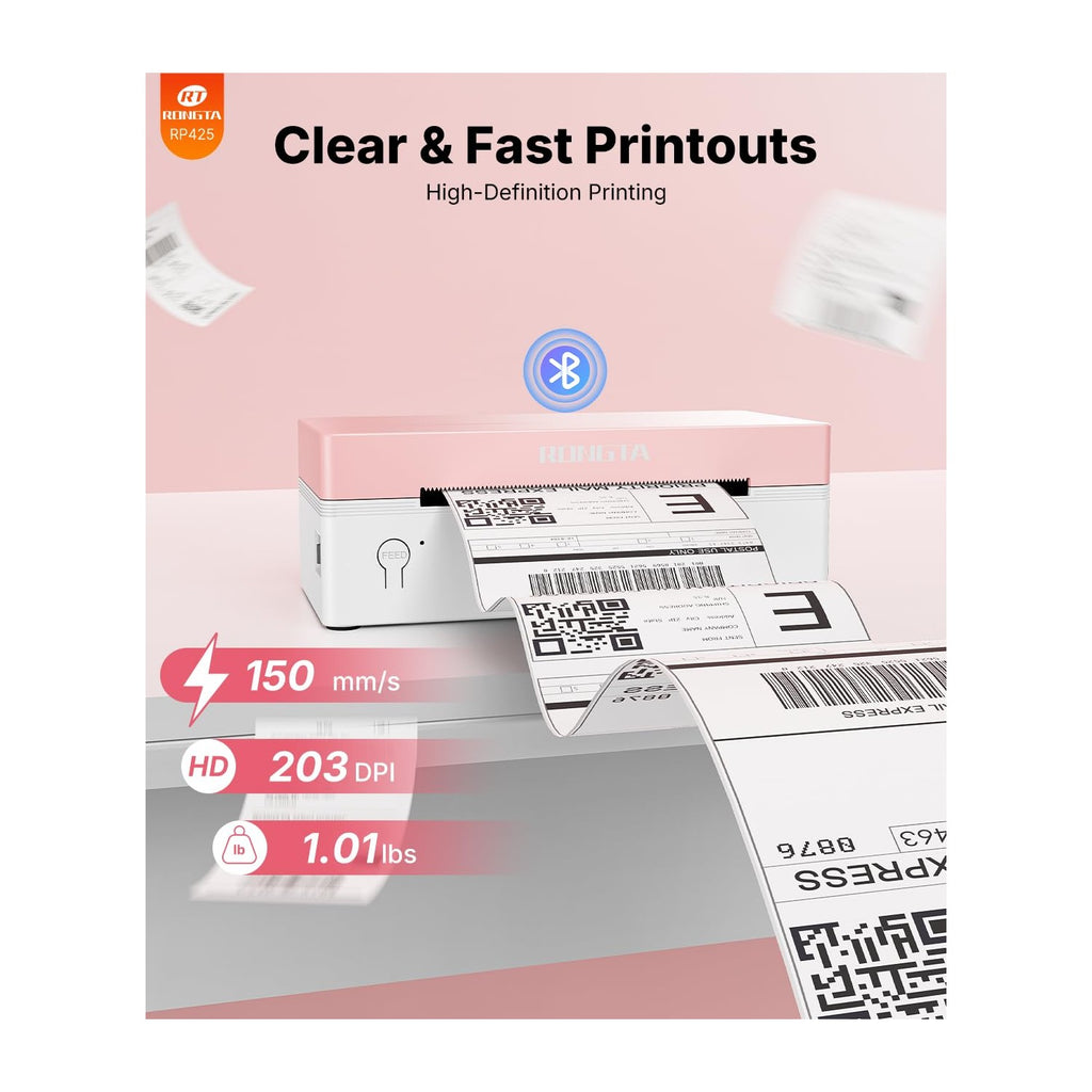 Rongta Bluetooth Thermal Label Printer in official packaging, offering high-definition 203 DPI print quality. Available at Curat Cart.