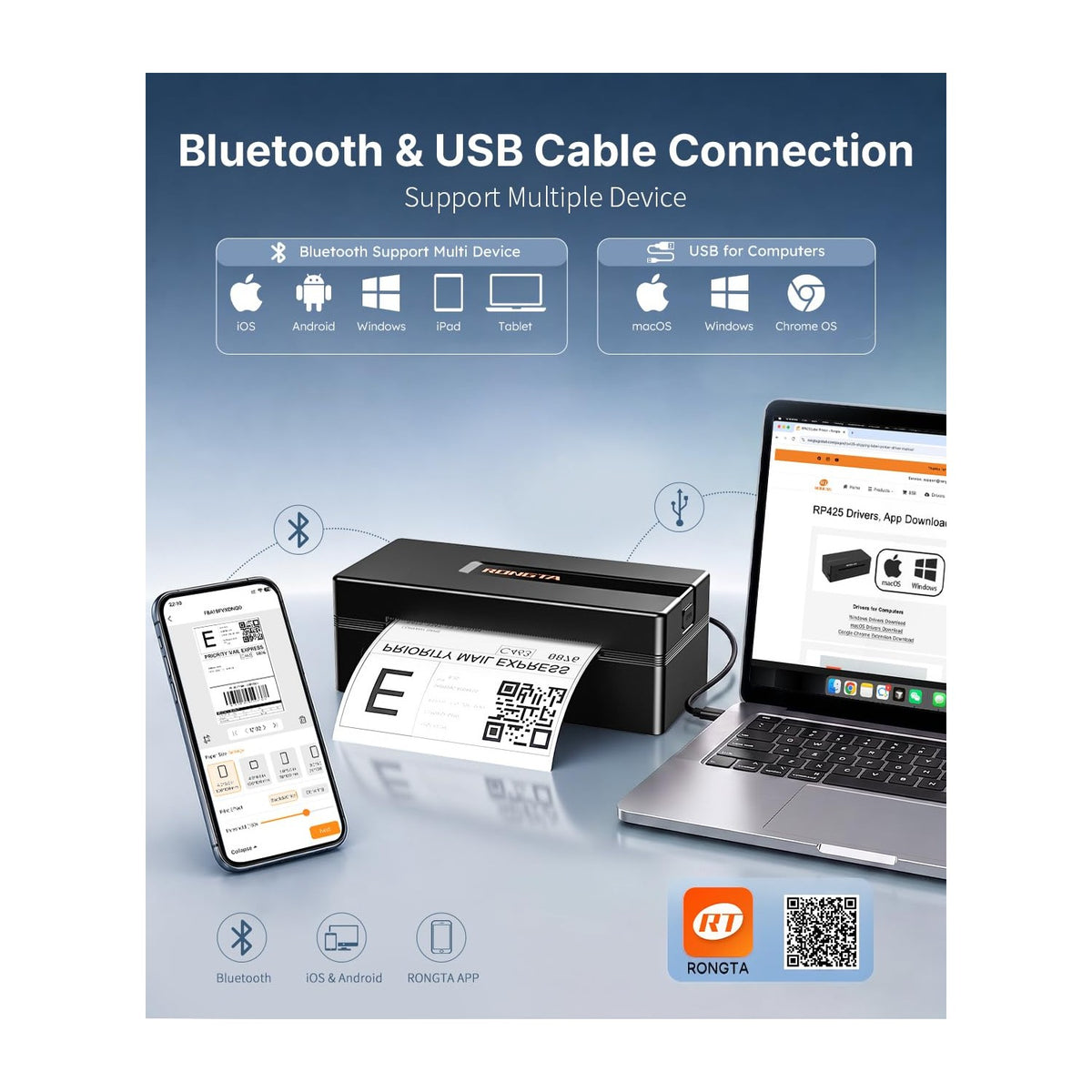 Rongta Bluetooth Thermal Printer features Bluetooth and USB connectivity, 100% Authentic, available at Curat Cart in India.
