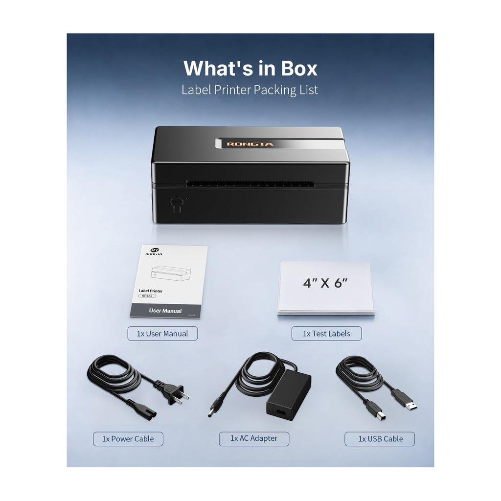 Rongta Bluetooth Thermal Printer with user manual, test labels, and cables. 100% Authentic and available in India at Curat Cart.