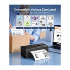 Rongta Bluetooth Thermal Printer in official packaging, showcasing various compatible label sizes. Available at Curat Cart.