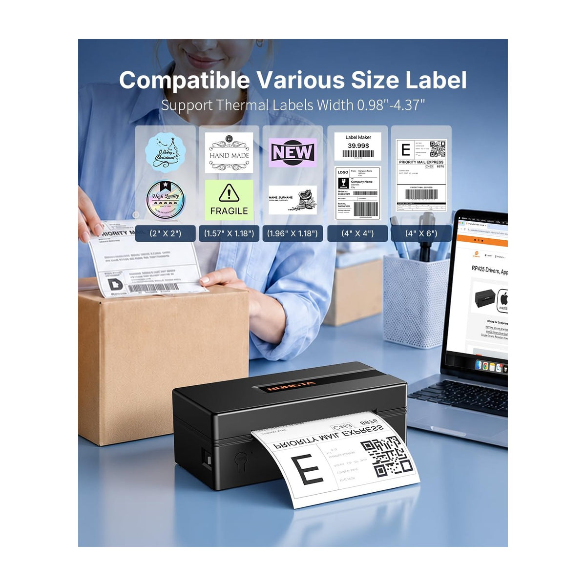 Rongta Bluetooth Thermal Printer in official packaging, showcasing various compatible label sizes. Available at Curat Cart.