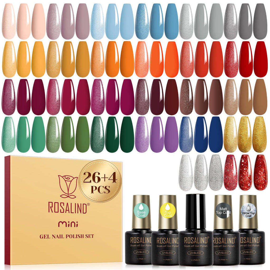 ROSALIND 30pcs gel nail polish set features a variety of vibrant colors, including glossy and matte finishes, perfect for all seasons.