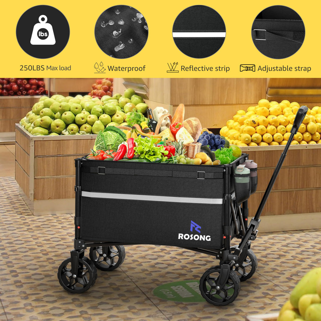 ROSONG Collapsible Wagon Cart in official packaging, featuring waterproof material and adjustable strap, perfect for shopping at Curat Cart.