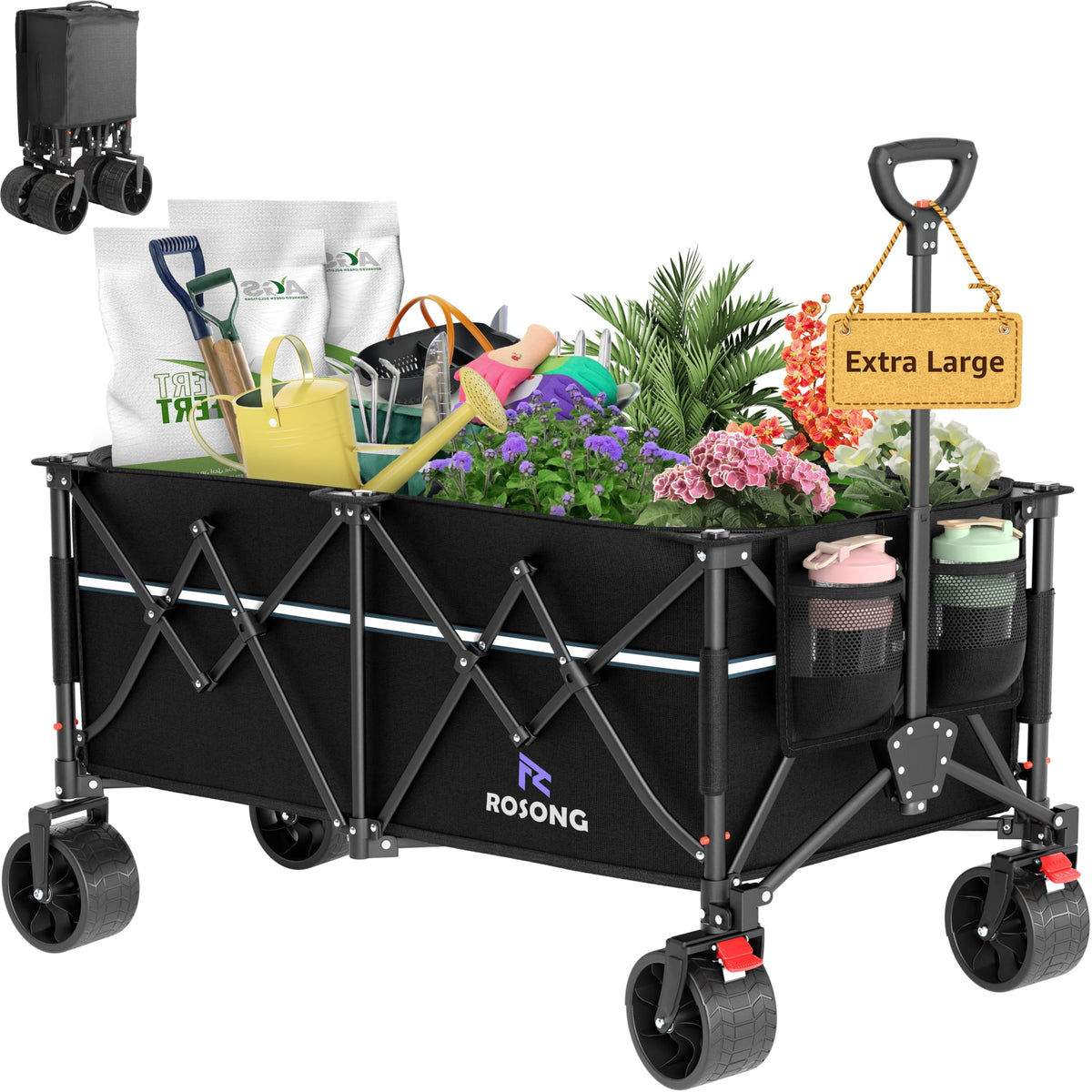 ROSONG Collapsible Wagon Cart in high-quality finish, loaded with gardening tools and plants, available at Curat Cart.