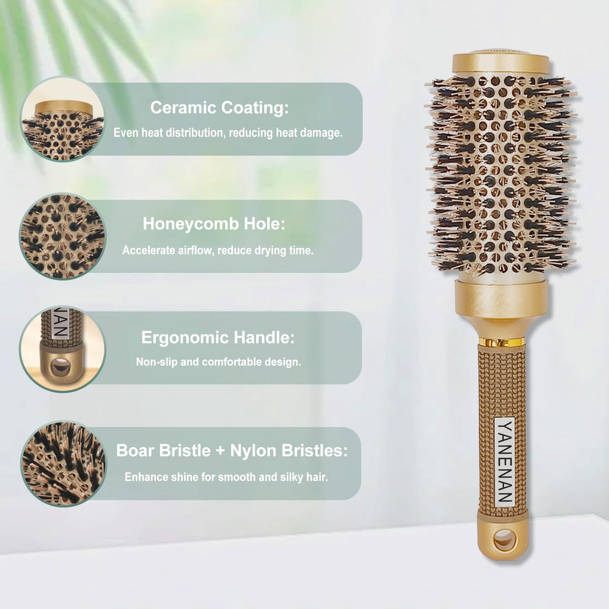 Boar Bristle Round Brush featuring ergonomic design and high-quality finish, ensuring smooth styling, available at Curat Cart.