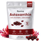 Rovina Astaxanthin Softgels, a premium imported dietary supplement from Curat Cart, featuring 200 triple strength softgels.