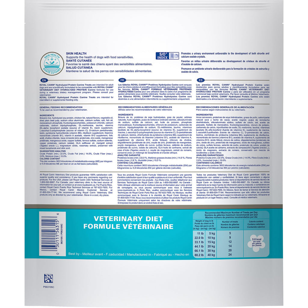 Royal Canin Hydrolyzed Protein Treats in high-quality official packaging, promoting skin health for dogs with food sensitivities, available at Curat Cart.