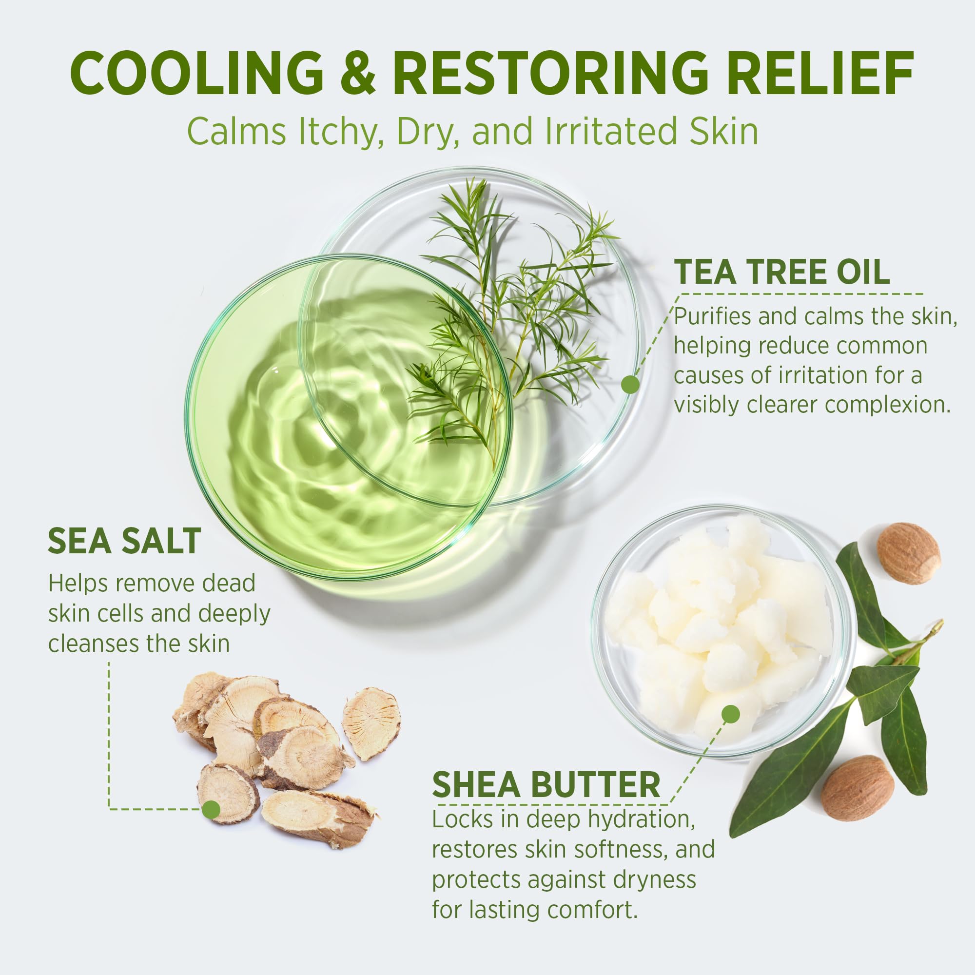 Cooling and restoring body wash with tea tree oil, sea salt, and shea butter for calming dry, itchy skin. Premium imported product.