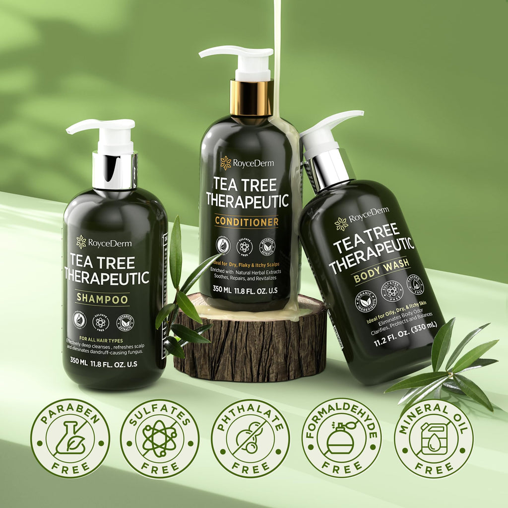 Roycederm Tea Tree therapeutic body wash with shampoo and conditioner, paraben, sulfate, and cruelty-free, trusted by CuratCart.