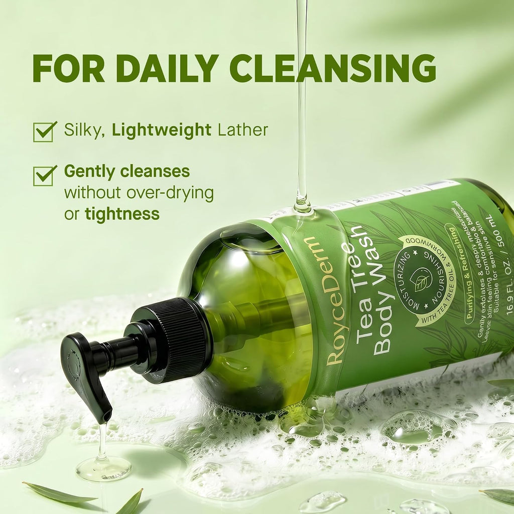 Roycederm Tea Tree Body Wash in green bottle, designed for daily use, provides gentle cleansing without drying skin.