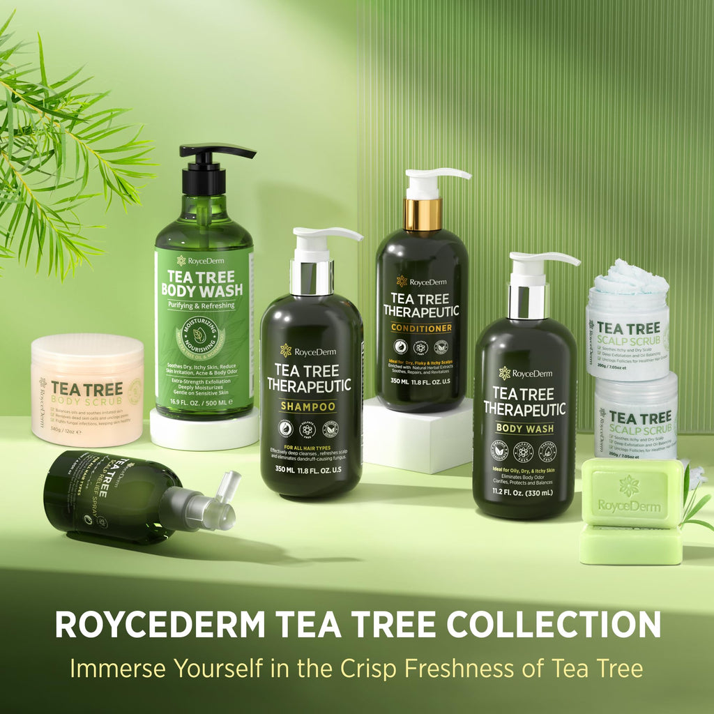 Explore the Roycederm Tea Tree Collection featuring body wash, soap, shampoo, and conditioner. Perfect for refreshing skin.