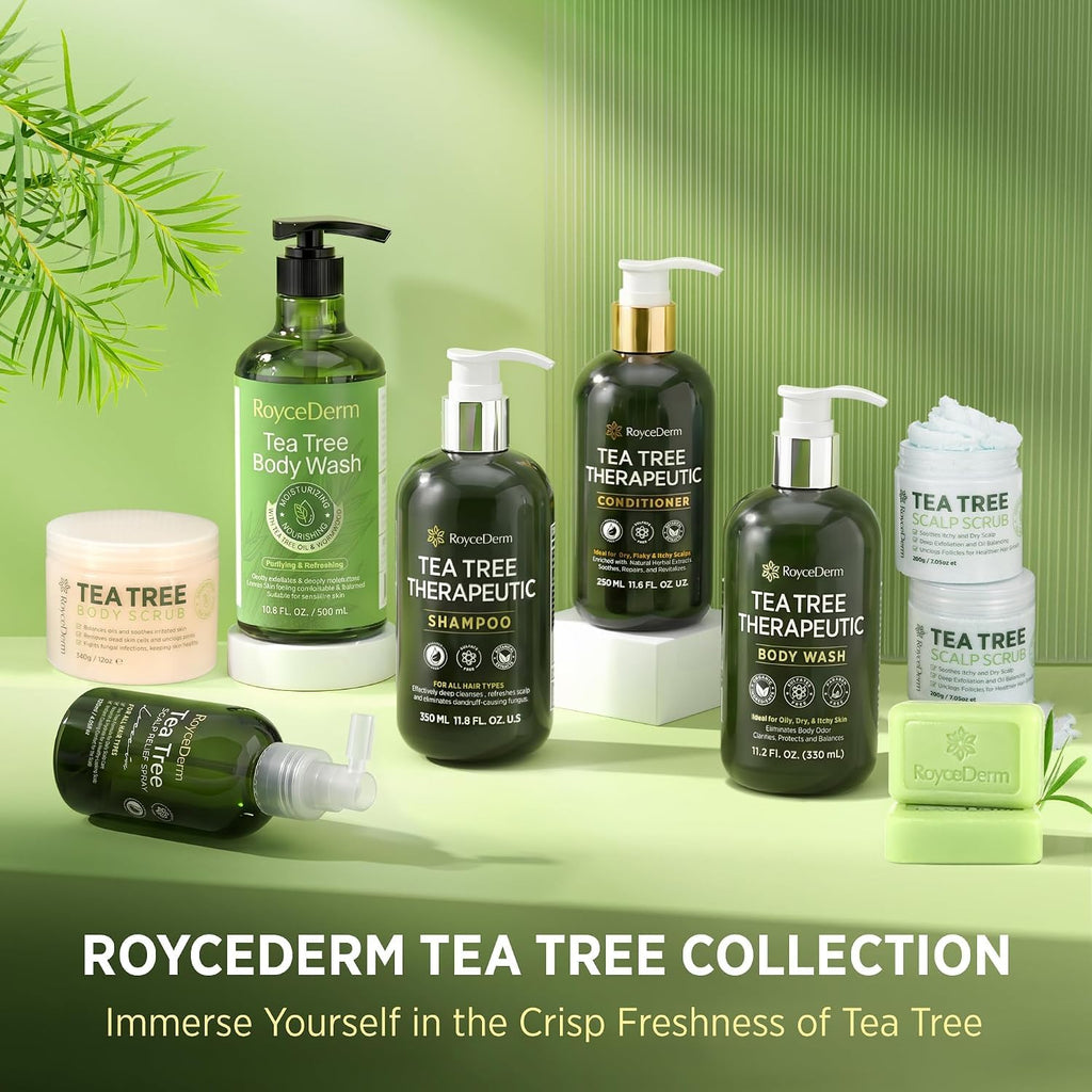 Explore the premium Roycederm Tea Tree body wash and soap, part of the therapeutic collection. Imported for ultimate freshness.
