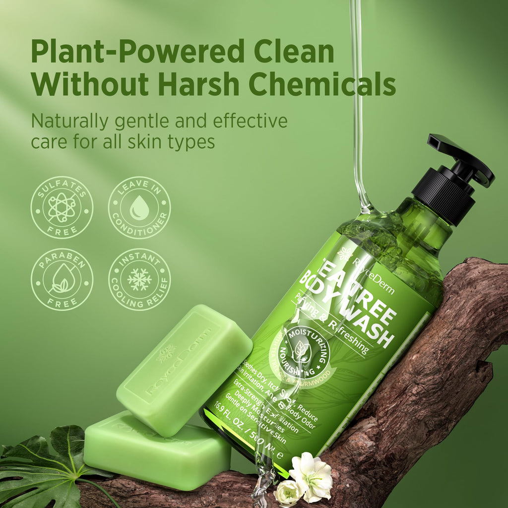 Discover Roycederm Tea Tree Body Wash & Soap. 100% authentic, sulfate-free, and gentle for all skin types.