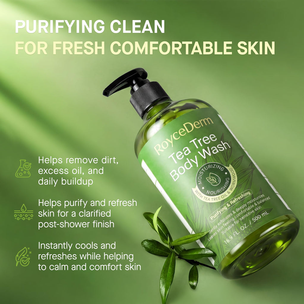 Roycederm Tea Tree Body Wash for fresh, comfortable skin. Available in India. Order online for a purifying clean.