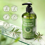 Roycederm Tea Tree Body Wash in a green bottle with pump. Order online for hydration and nourishment. Available in India.