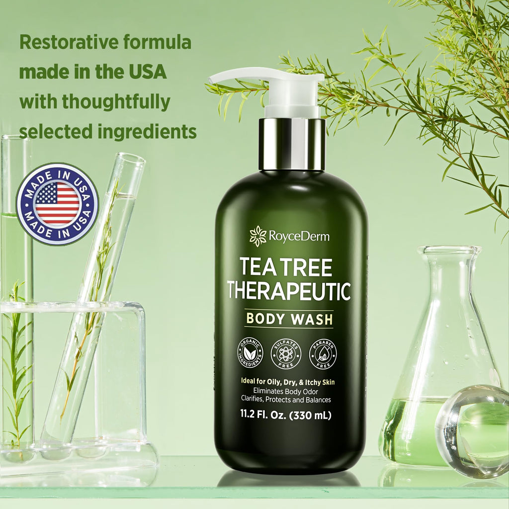 Roycederm Tea Tree Body Wash, 11.2 fl. oz., made in the USA. Restores and balances oily, dry, itchy skin. Verified by CuratCart.