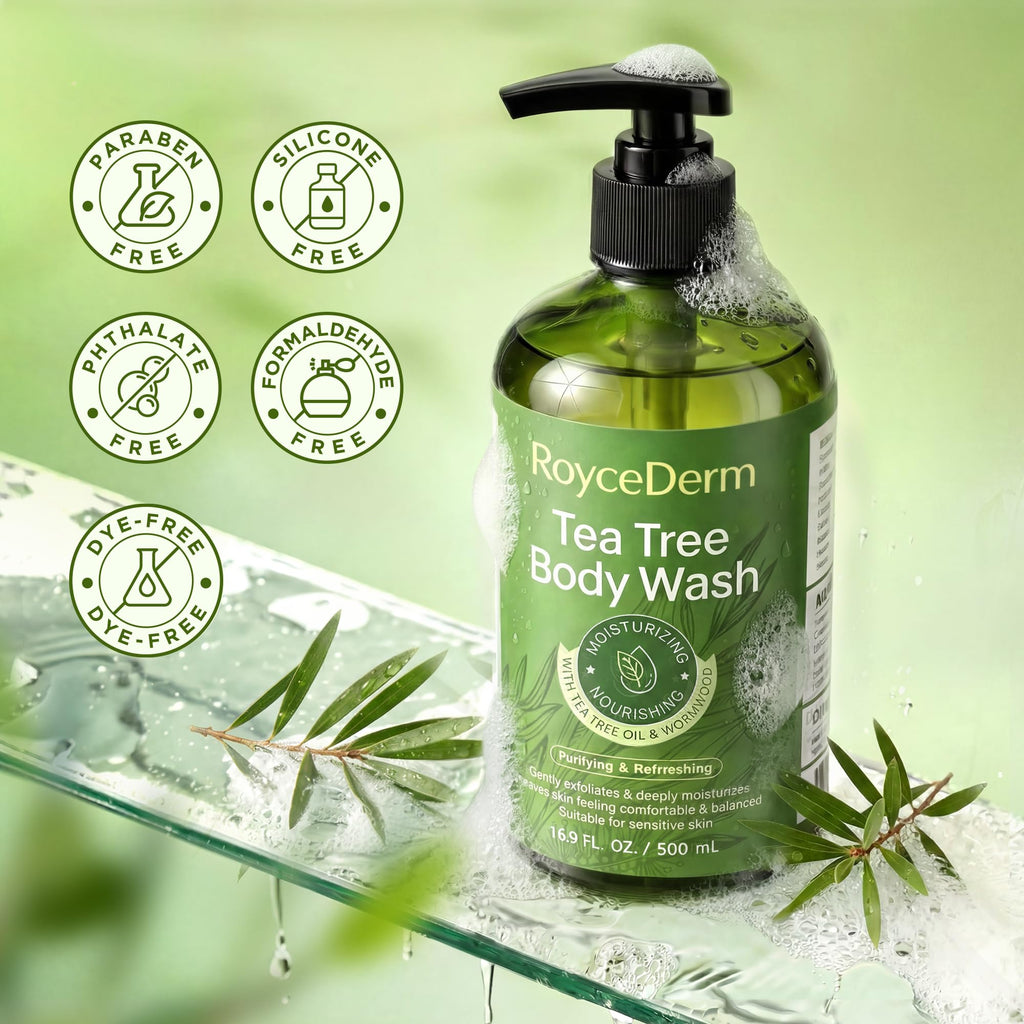 Roycederm Tea Tree Body Wash, 16.9 fl oz, paraben-free, moisturizing, premium imported for purifying and hydrating skin.