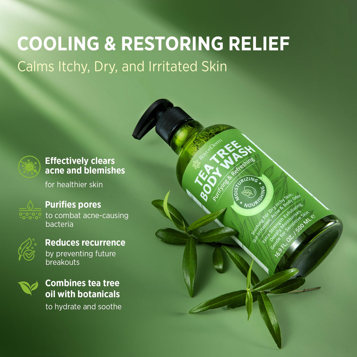 Roycederm Tea Tree Body Wash calms dry skin, clears blemishes, and reduces acne. Available online for ordering.