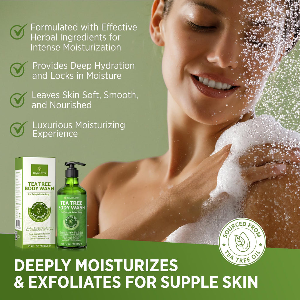 Roycederm Tea Tree Body Wash & Soap, Pur offers deep hydration and smooth skin, featuring herbal formula for a luxurious moisturizing experience.