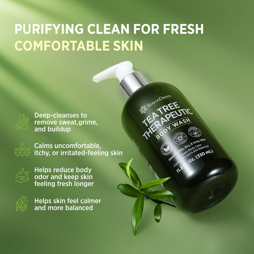 Roycederm Tea Tree Body Wash features sleek green packaging with a pump for easy use. Purifies skin for comfort.