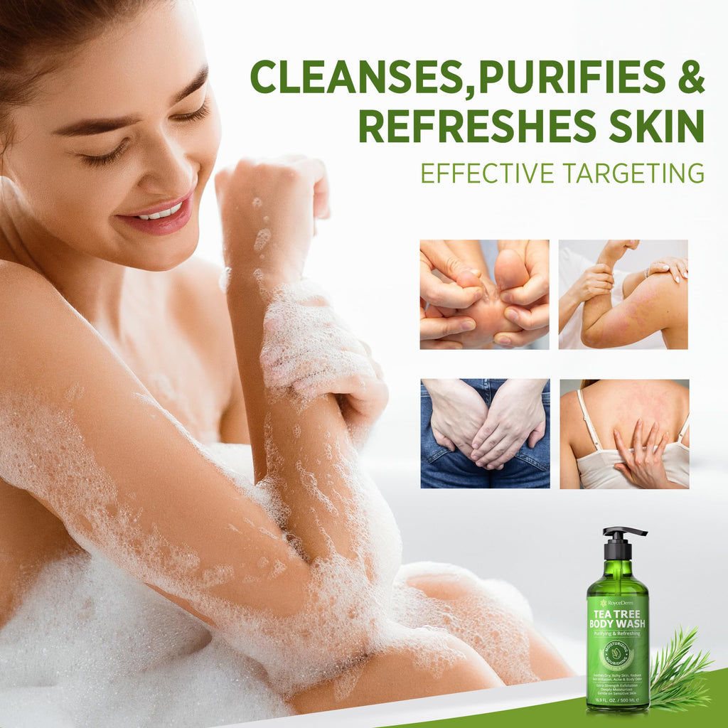 Roycederm Tea Tree Body Wash cleanses, purifies, and refreshes skin. Verified by CuratCart for quality assurance.