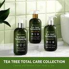 Roycederm Tea Tree body wash, conditioner, and shampoo in green bottles. Cleanse and refresh, verified by CuratCart.