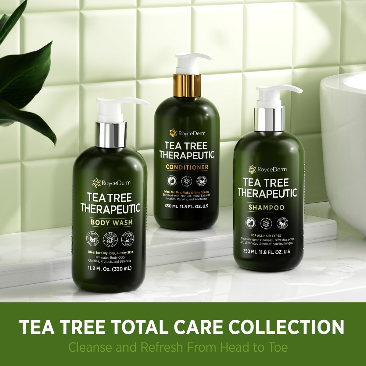 Roycederm Tea Tree body wash, conditioner, and shampoo in green bottles. Cleanse and refresh, verified by CuratCart.