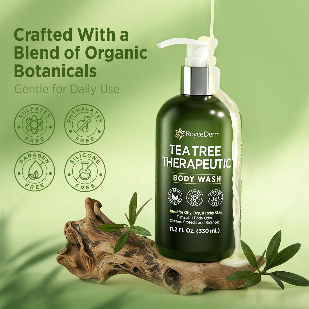 Roycederm Tea Tree Body Wash, crafted with organic botanicals, ideal for daily use, sulfate and paraben-free. Imported quality.