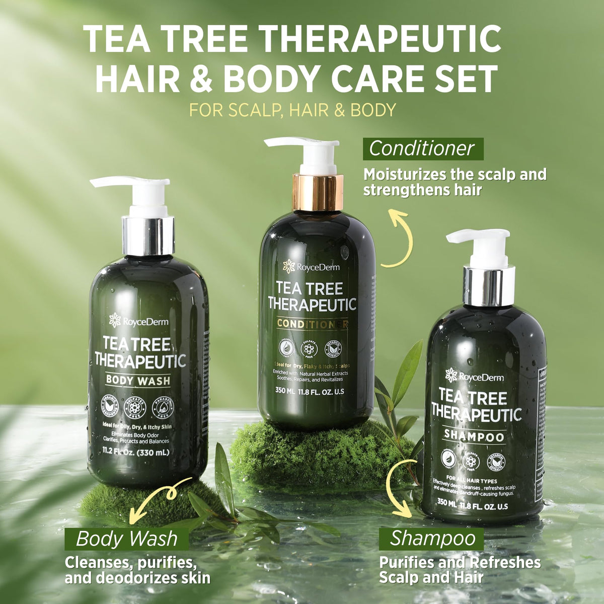 Roycederm Tea Tree therapeutic body wash and conditioner set. Cleanses, purifies, and refreshes hair and skin.