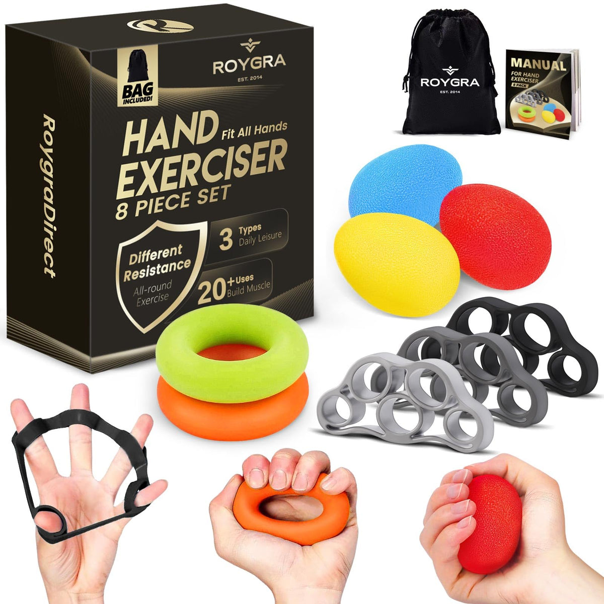 Discover the premium imported Roygra Grip Strength Trainer set featuring 8 pieces for all-around muscle exercise. Available at Curat Cart.