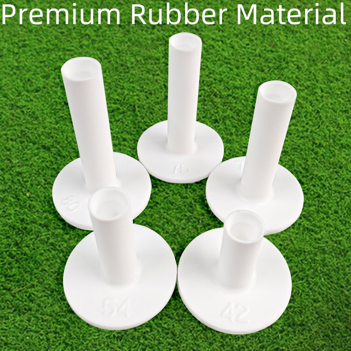 Premium Rubber Golf Tees for Mats showcasing high-quality material and various height options. Available at Curat Cart.