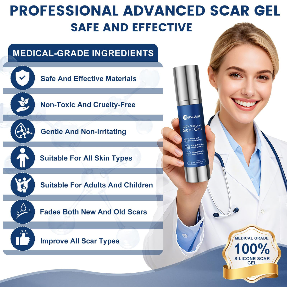 Rvlaim Advanced Silicone Scar Gel, a premium import, effectively reduces scars for all ages. Available at Curat Cart.