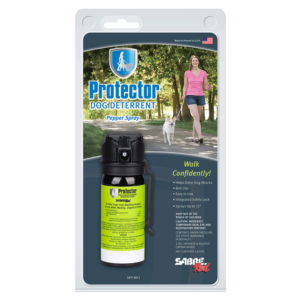 SABRE Protector Dog Pepper Spray in official packaging, designed to deter dog attacks. Available at Curat Cart for confident walks.