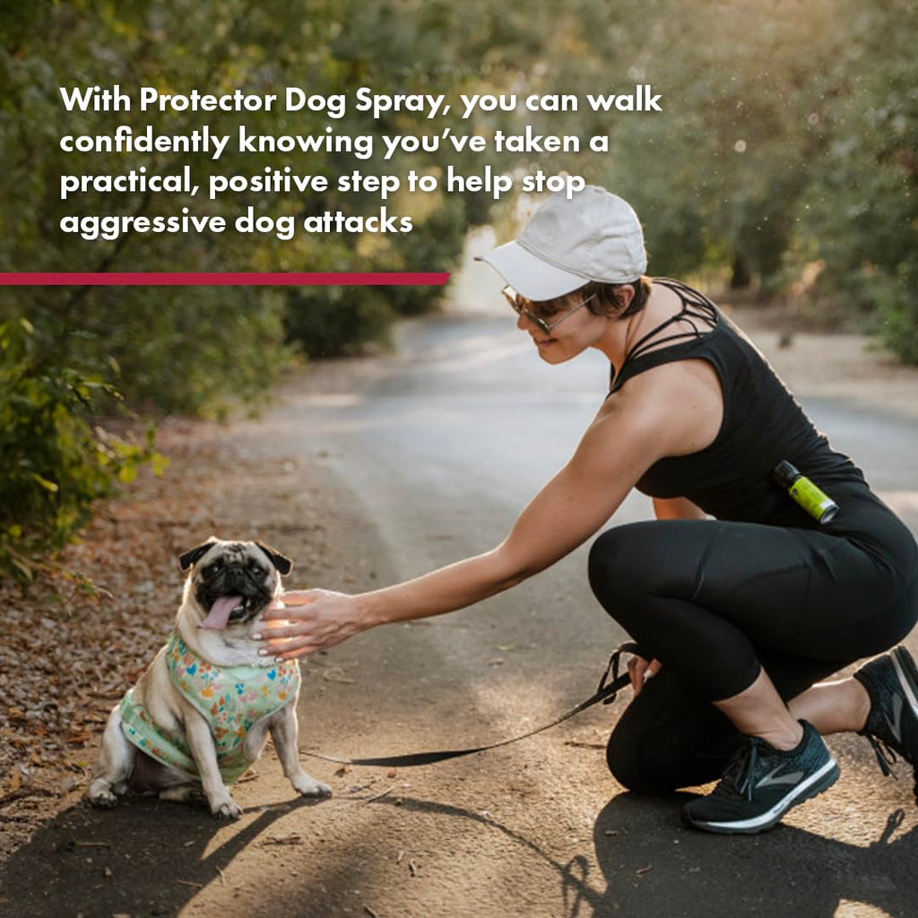 SABRE Protector Dog Pepper Spray in use, offering protection against aggressive dog attacks. Available at Curat Cart.