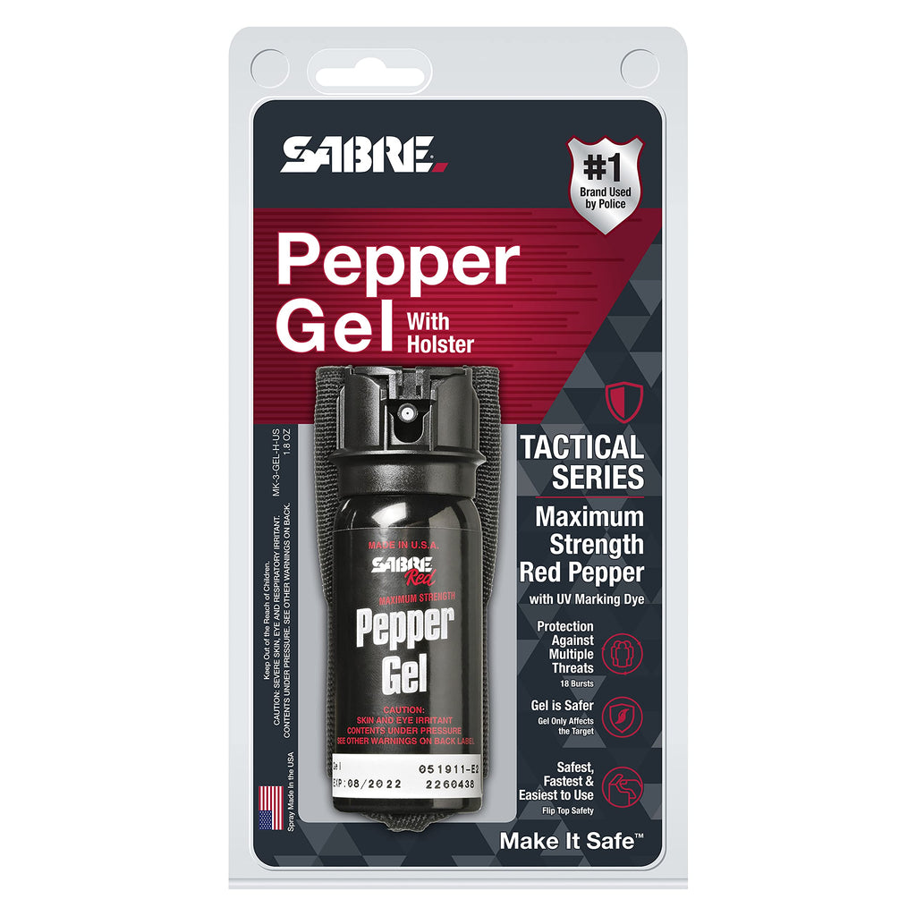 SABRE Tactical Pepper Gel with holster offers premium import protection against threats. Available at Curat Cart.