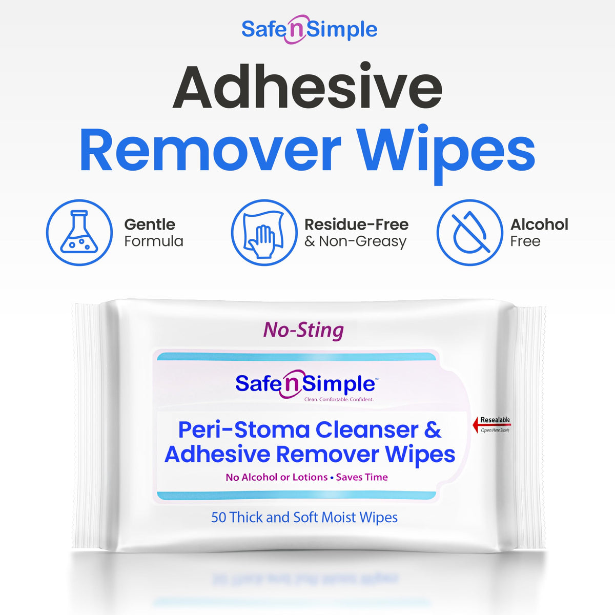 Safe n’ Simple Adhesive Remover Wipes in official packaging, gentle formula, alcohol-free, available at Curat Cart.