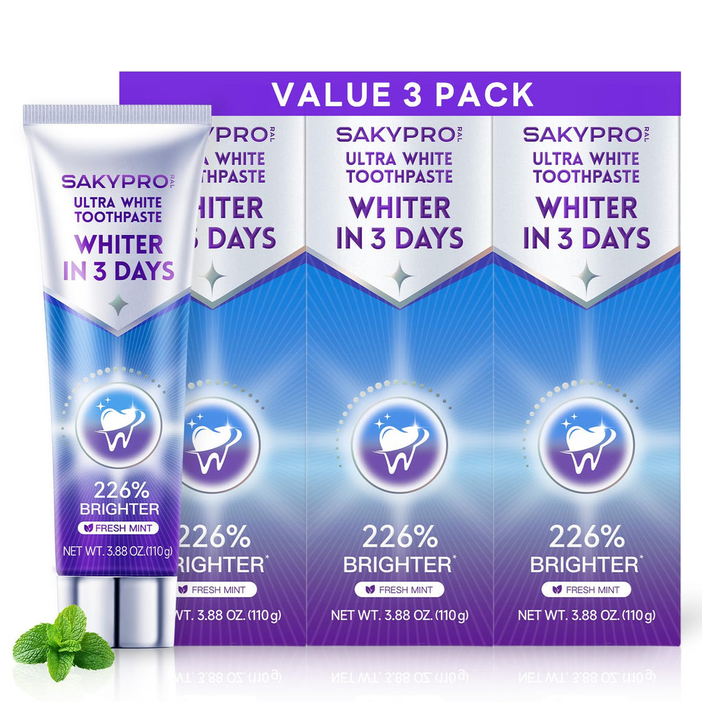 SAKYPRORAL Whitening Toothpaste in official packaging, featuring 26% brighter formula for fresh minty breath. Available at Curat Cart.