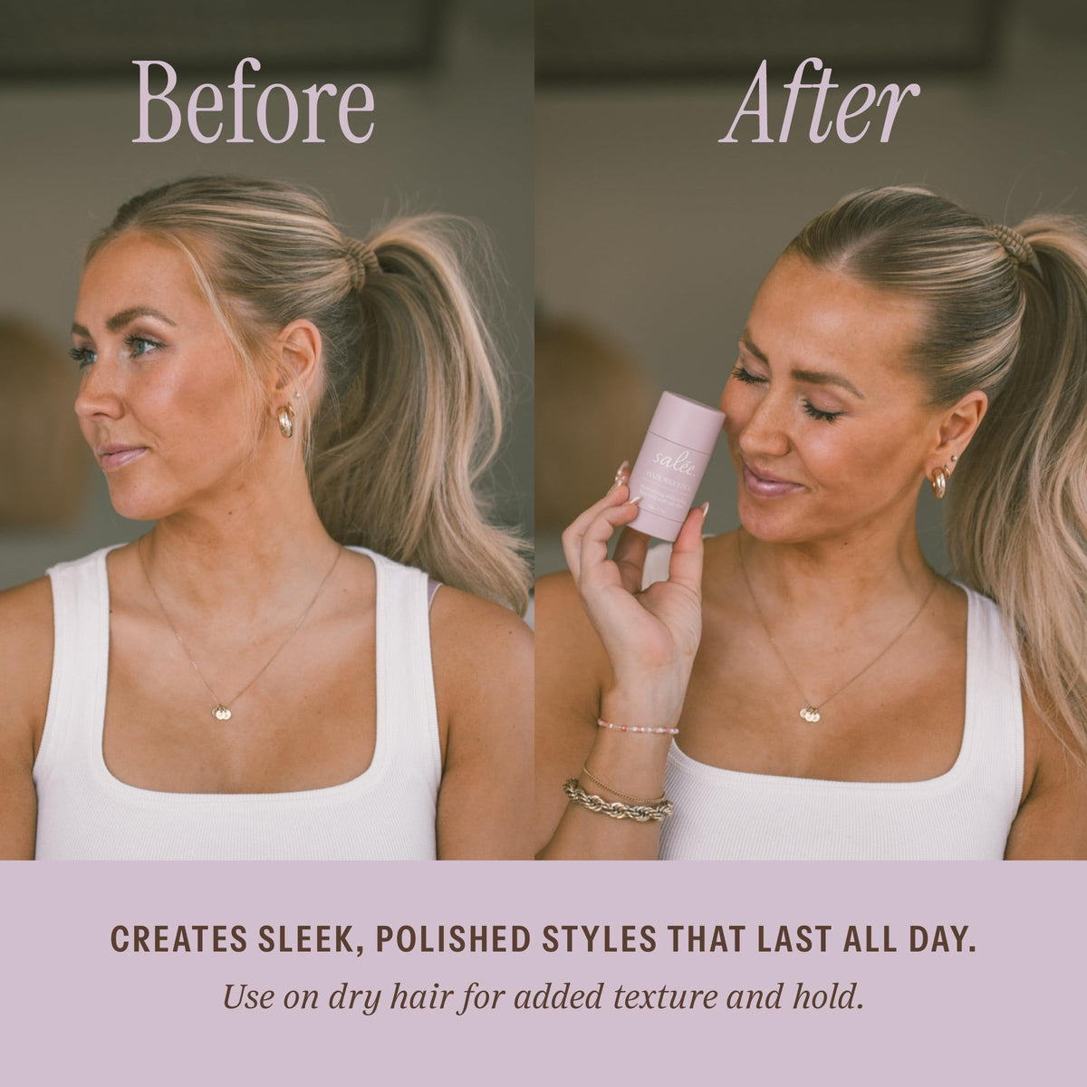 Salée Hair Wax Stick in elegant packaging creates sleek, polished styles that last all day. Available at Curat Cart.