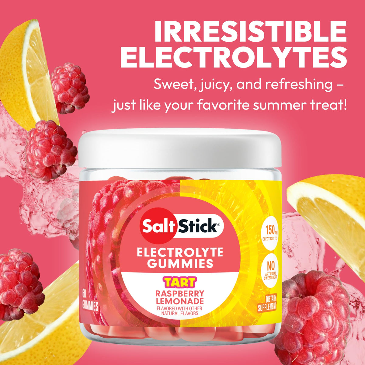 SaltStick Electrolyte Gummies in tart raspberry lemonade flavor, featuring official packaging with vibrant design. Available at Curat Cart.