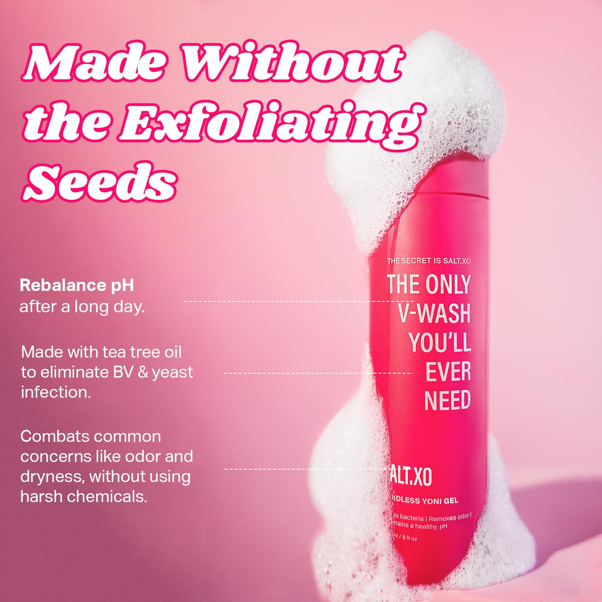 salt.xo Seedless Yoni Gel Wash rebalances pH and combats odor, perfect for daily use. Available at Curat Cart.