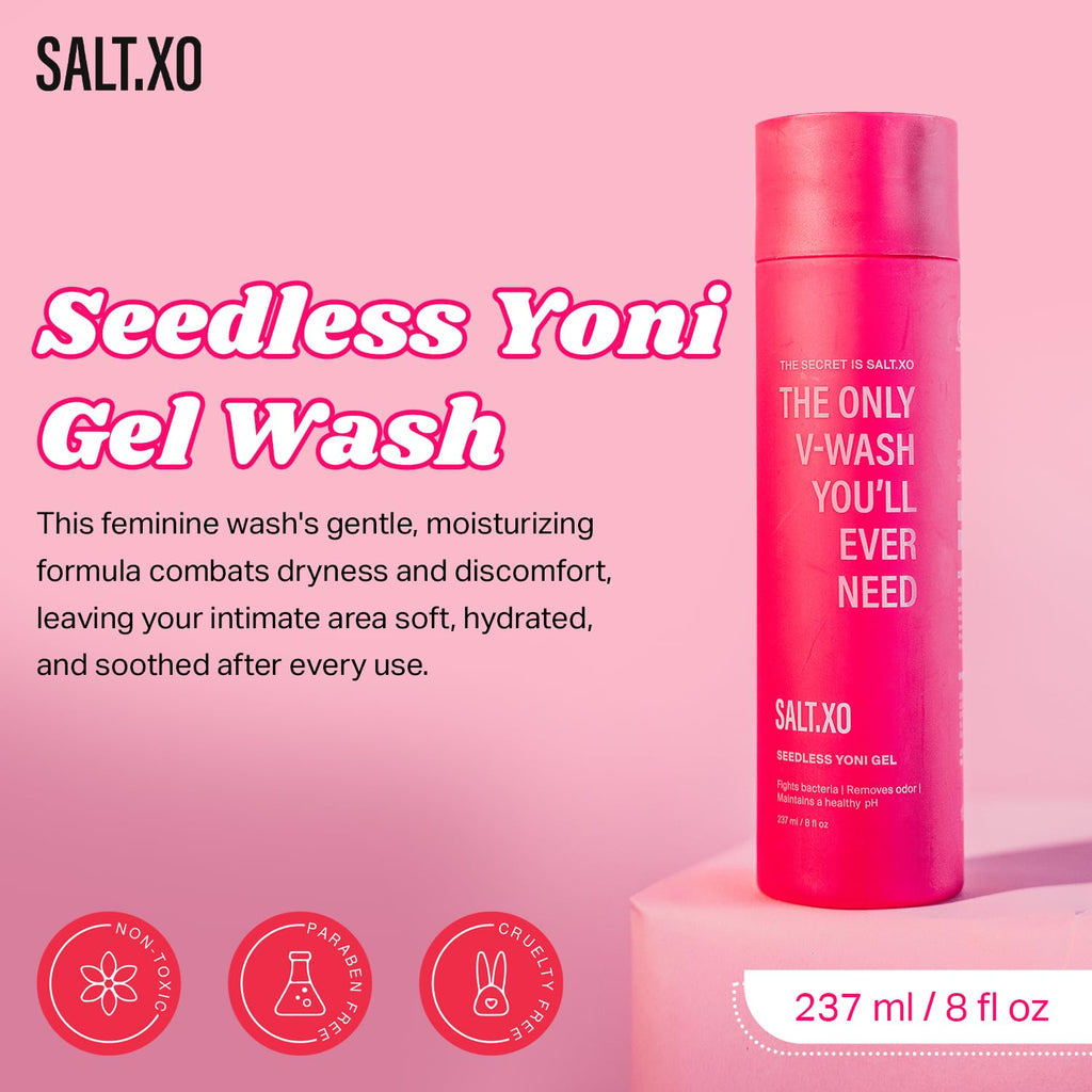 Seedless Yoni Gel Wash by salt.xo offers gentle hydration for intimate care. 100% Authentic and available at Curat Cart in India.