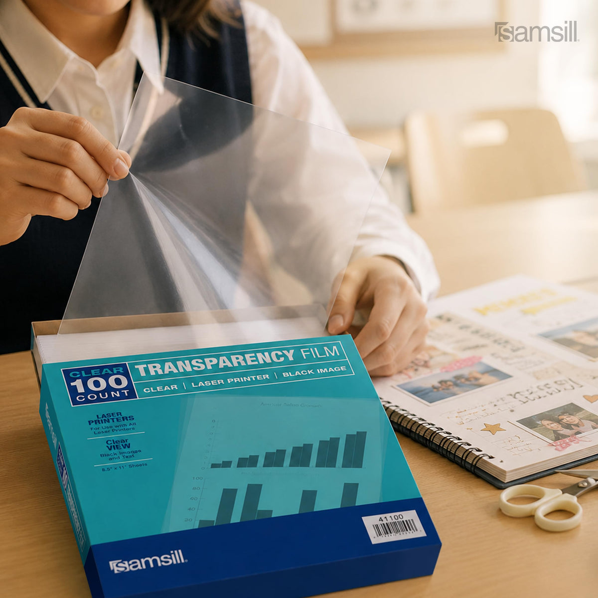 Samsill Transparency Film for Laser Printers showcases high-quality, clear sheets in official packaging, available at Curat Cart.