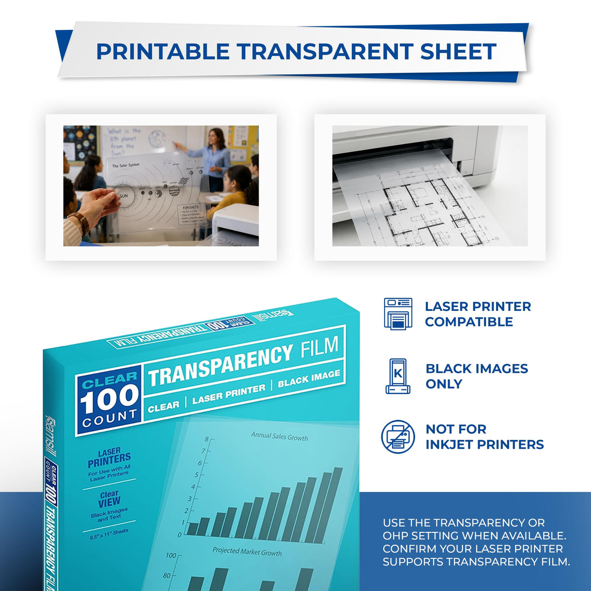 Samsill Transparency Film for Laser Printers, ideal for presentations and projects. Perfect for daily use at Curat Cart.