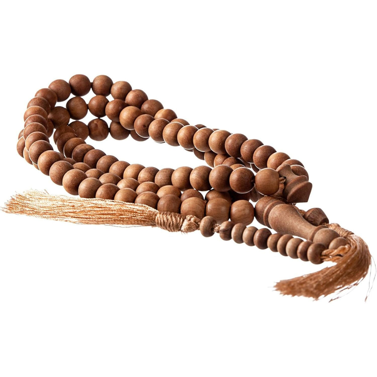 Authentic sandalwood tasbih prayer beads featuring a smooth finish, complete with a decorative tassel for spiritual use.