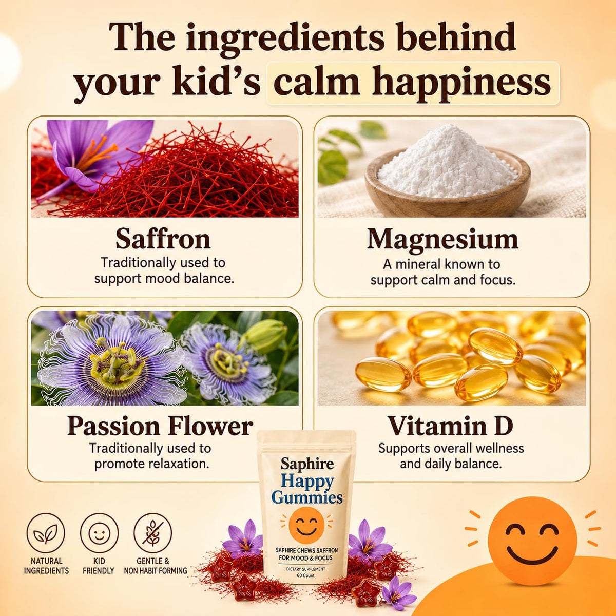 Saphire Saffron Gummies in official packaging, featuring natural ingredients for kids' calm and focus. Available at Curat Cart.