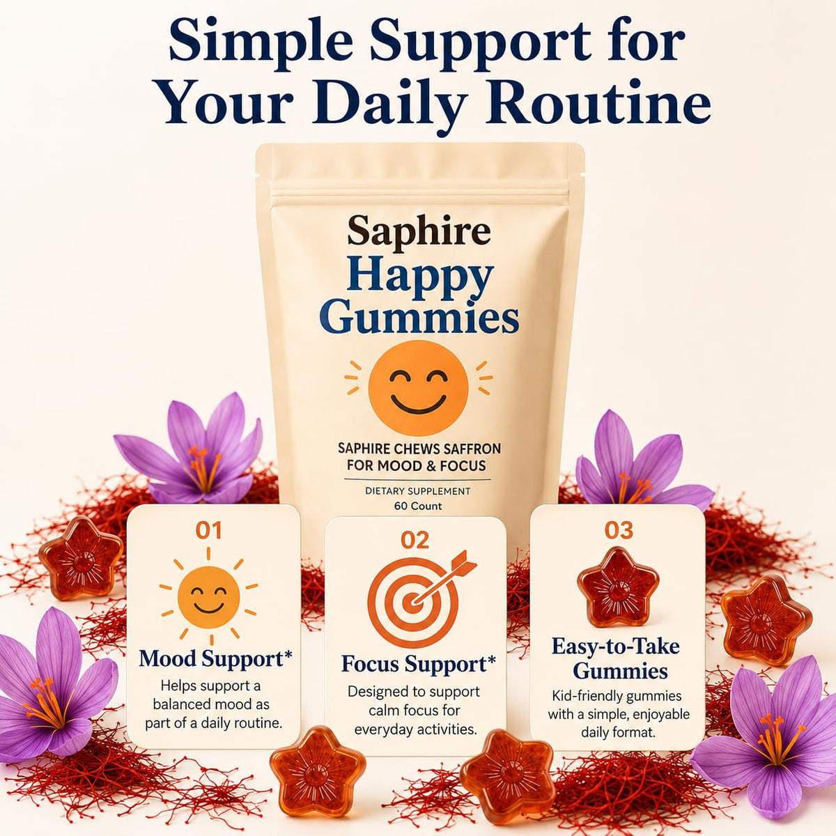 Saphire Saffron Gummies offer mood and focus support, perfect for daily use. Available at Curat Cart for a premium experience.