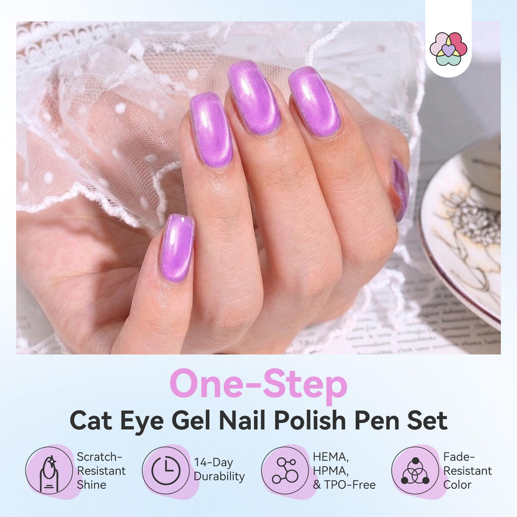 SAVILAND One-Step Cat Eye Gel Nail Polish Pens showcase beautiful purple nails. Scratch-resistant, fade-resistant, and 14-day durable.
